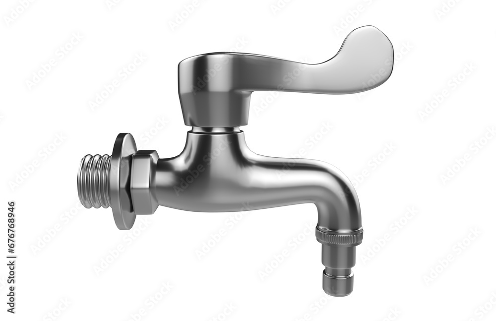 Faucet model isolated on light background, single faucet, stainless steel texture, home industry accessories, 3d rendering.