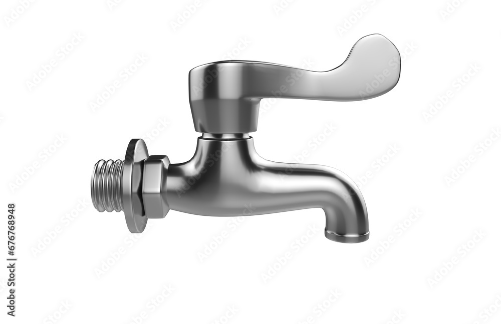 Faucet model isolated on light background, single faucet, stainless steel texture, home industry accessories, 3d rendering. Faucet model isolated on light background, single faucet, stainless steel texture, home industry accessories, 3d rendering.