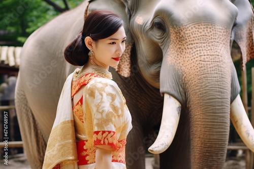 Asian model wearing traditional Thai clothing travels in an ancient Thai city. You can use it in your advertising or other high quality prints.