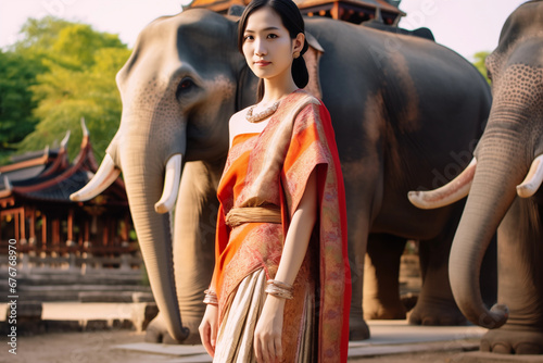 Asian model wearing traditional Thai clothing travels in an ancient Thai city. You can use it in your advertising or other high quality prints.