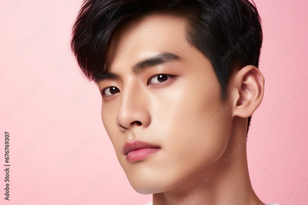 Fototapeta premium Portrait of a beautiful young asian man on pink background.asian beauty