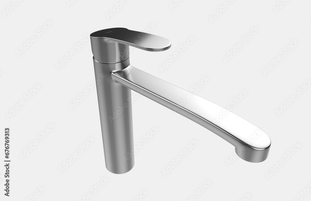 Faucet model isolated on light background, single faucet, stainless steel texture, home industry accessories, 3d rendering. Faucet model isolated on light background, single faucet, stainless steel texture, home industry accessories, 3d rendering.