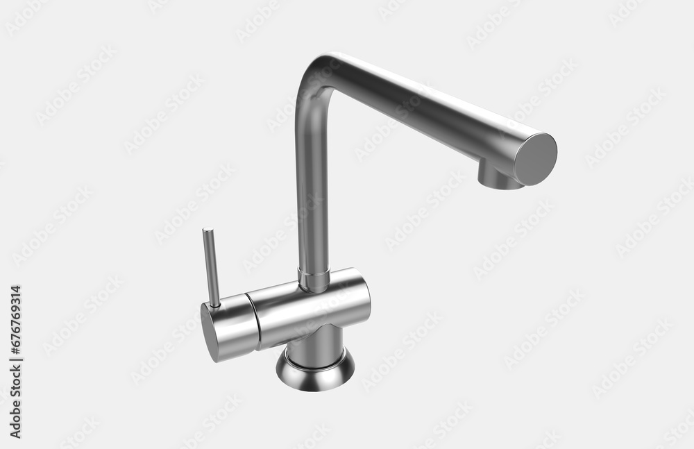 Faucet model isolated on light background, single faucet, stainless steel texture, home industry accessories, 3d rendering.