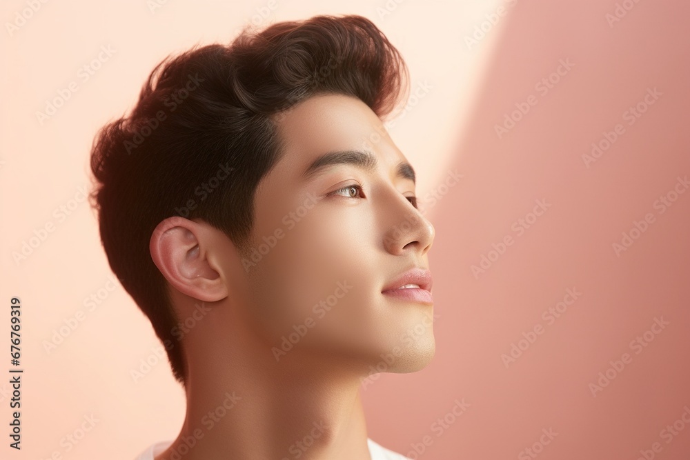 Portrait of a beautiful young asian man on pink background.asian beauty