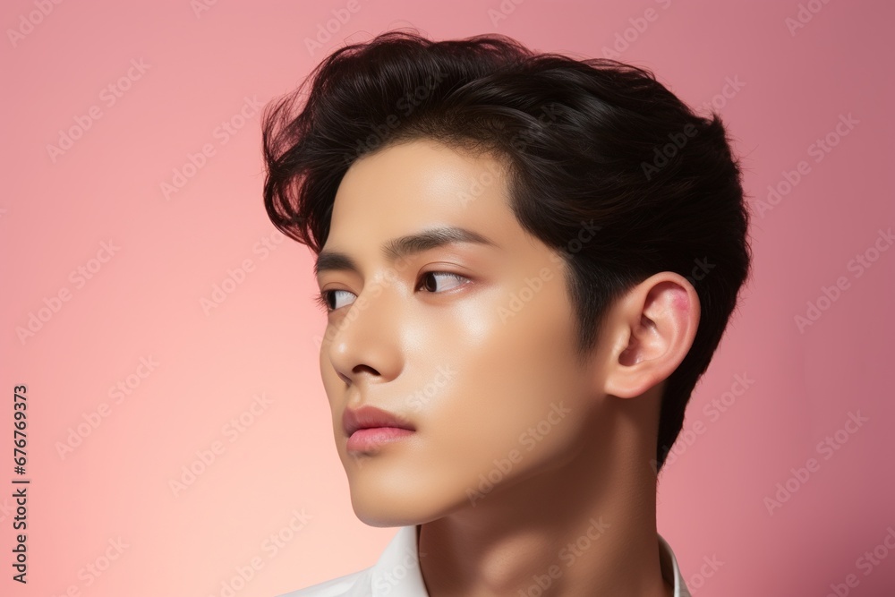 Portrait of a beautiful young asian man on pink background.asian beauty Portrait of a beautiful young asian man on pink background.asian beauty