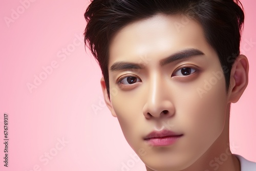 Portrait of a beautiful young asian man on pink background.asian beauty