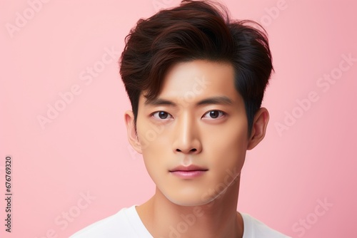 Portrait of a beautiful young asian man on pink background.asian beauty