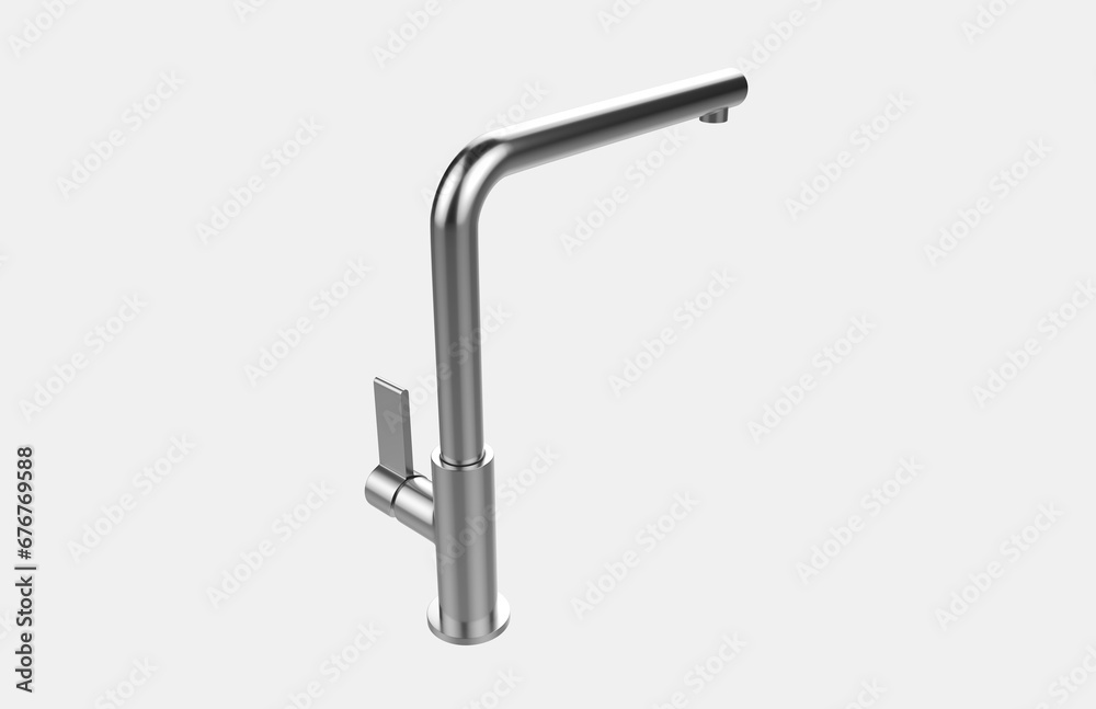 Faucet model isolated on light background, single faucet, stainless steel texture, home industry accessories, 3d rendering. Faucet model isolated on light background, single faucet, stainless steel texture, home industry accessories, 3d rendering.