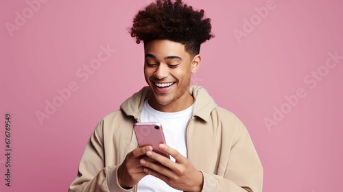 An AI illustration of a young man is texting on his cell phone while wearing an overcoat