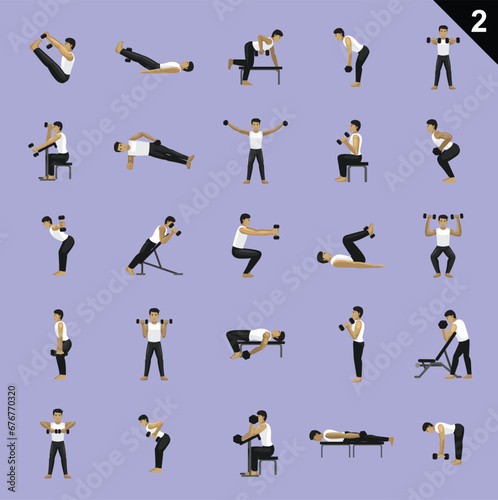 Dumbbell Poses Man Cartoon Vector Illustration Set 2