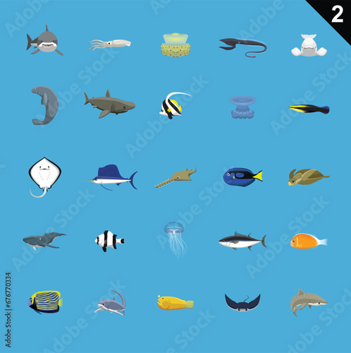 Fish Sea Creatures Cartoon Vector Illustration Set 2