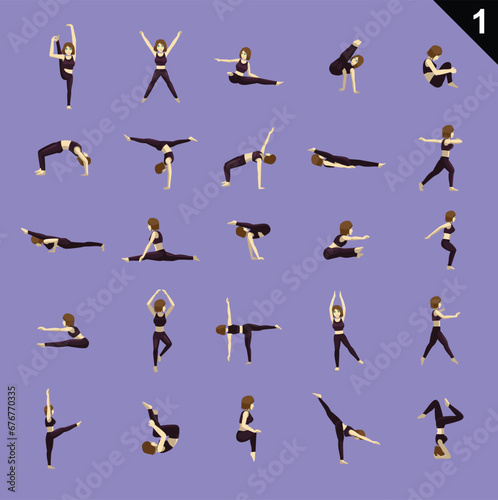 Gymnastic Poses Woman Cartoon Vector Illustration Set 1