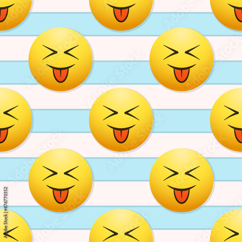 Laughing emoji vector seamless pattern. Funny faces on striped white and blue background.