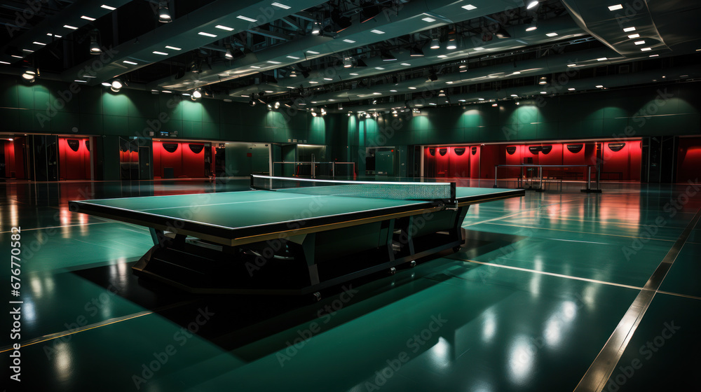 Ping pong tables in the hall. Room with empty tennis tables. Table tennis tournament in the arena.