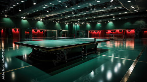 Ping pong tables in the hall. Room with empty tennis tables. Table tennis tournament in the arena. © PaulShlykov