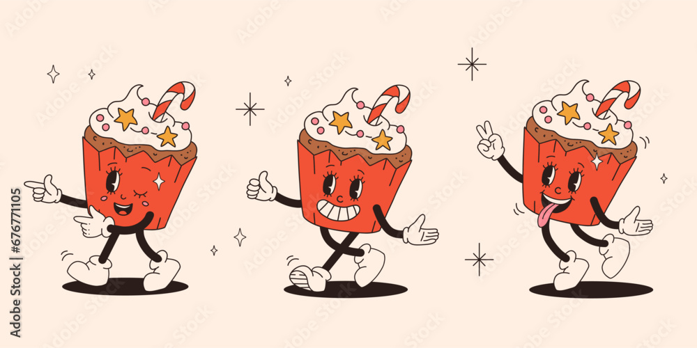 Fototapeta premium Funny Retro cartoon christmas Character in groovy funky 50s, 60s, 70s Vintage Style. Happy new year mascot of cupcake. Xmas vintage characters.