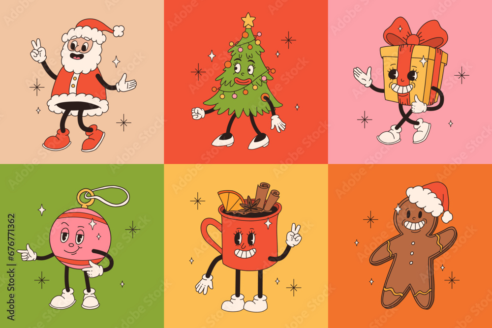 Obraz premium Christmas retro collection 30s cartoon mascot characters. Santa, Christmas tree, sock, cup. 50s, 60s old animation style. Vintage comic merry Christmas vector. Cheerful, happy emotions