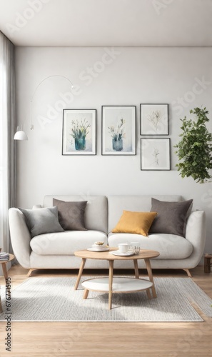 Interior design photo frame mock-up living room minimalist cozy Scandinavian style. sofa, tropical plant, pillows, blanket and lamp © DJSPIDA FOTO