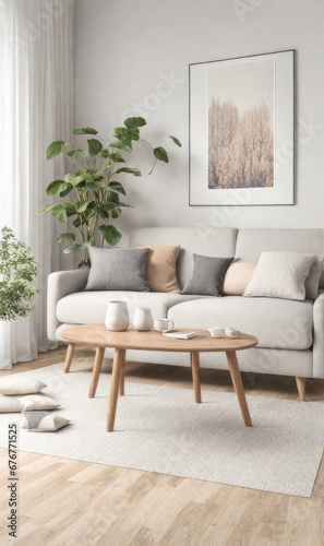Interior design photo frame mock-up living room minimalist cozy Scandinavian style. sofa  tropical plant  pillows  blanket and lamp