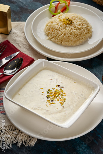 A traditional Syrian dish (Shakria with meat) made from yoghurt cooked with starch