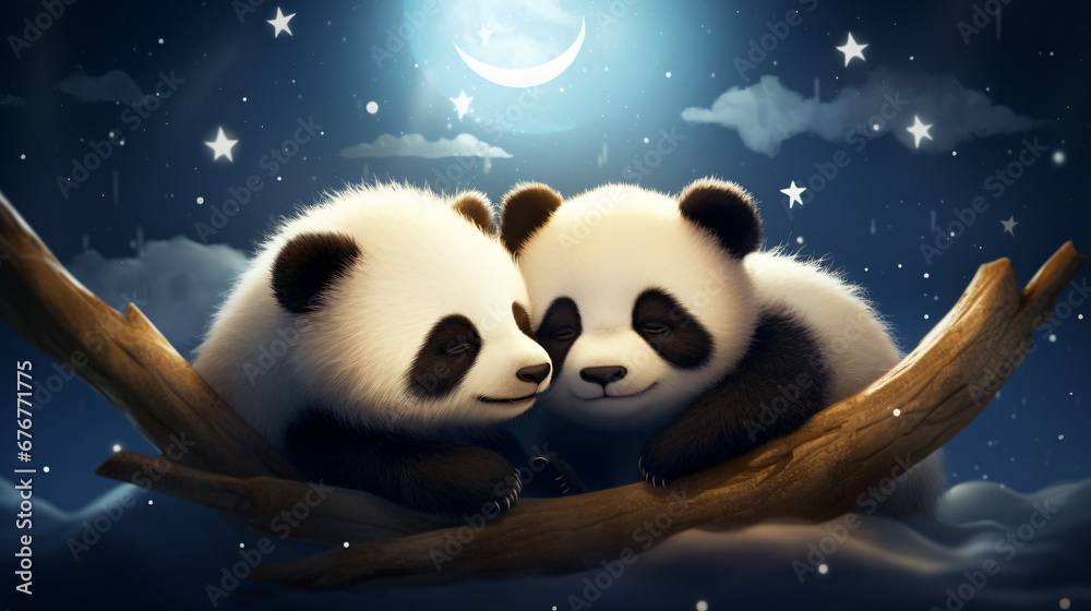 In this magical scene an adorable baby cartoon two panda - obrazy, fototapety, plakaty 