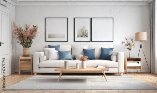 Interior design photo frame mock-up living room minimalist cozy Scandinavian style. sofa, tropical plant, pillows, blanket and lamp