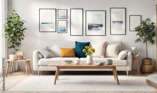 Interior design photo frame mock-up living room minimalist cozy Scandinavian style. sofa, tropical plant, pillows, blanket and lamp photo