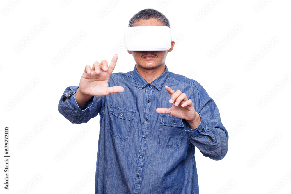 Man wearing virtual reality headset isolated on white background. trying to touch something with hand Man wearing virtual reality headset isolated on white background. trying to touch something with hand