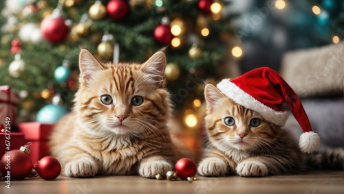 Cute kittens wearing Santa Claus red hat under the Christmas tree. Merry Christmas and Happy New Year decoration around