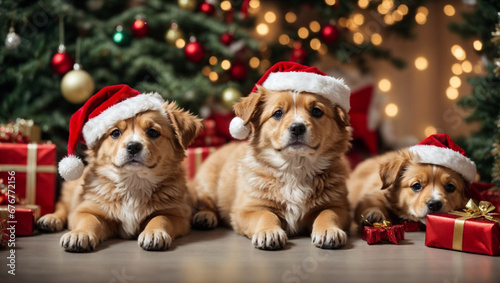 Puppies wearing Santa Claus red hat under the Christmas tree. Merry Christmas and Happy New Year decoration around © Roman Samokhin