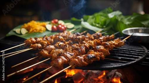 Shish kebab on the grill. Satay cooked with herbs and spices on a barbecue grill. Grilled meat satay