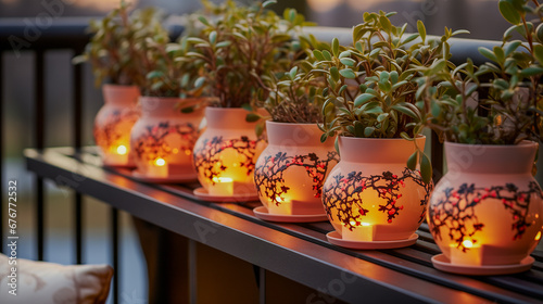 Enchanted Evening: Ornate Ceramic Planters Illuminated by Soft Candlelight