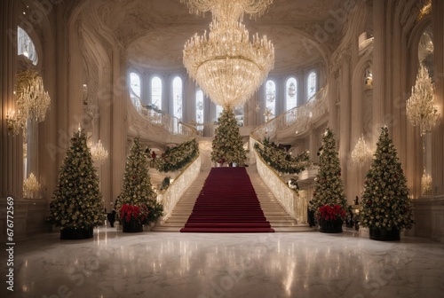 You are welcomed into a world of luxury and holiday cheer by a huge entrance hall decorated with shimmering Christmas lights and a towering tree.   © SR Production