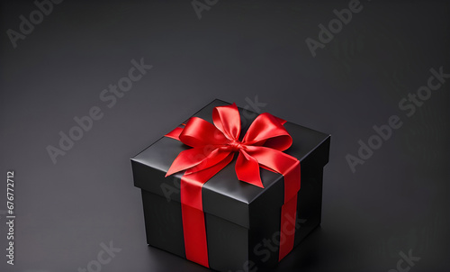 Black gift box with red ribbon on the black background. Background for Black Friday