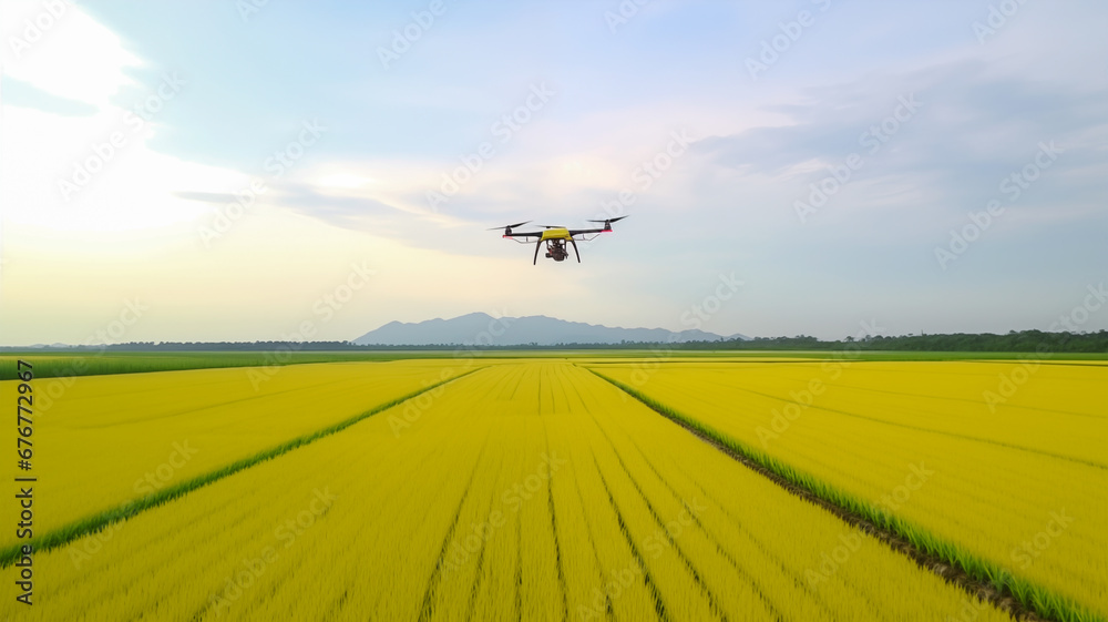 drone flies over a rice field in a rice field, Modern technology in agriculture drone flies over a rice field in a rice field, Modern technology in agriculture