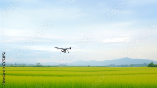 drone flies over a rice field in a rice field, Modern technology in agriculture