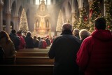 An AI illustration of people standing and praying in a church next to a christmas tree