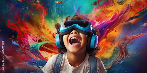 Excited child or kid wearing VR headset with a big smile on face, enjoying a virtual reality experience that sparks wonder and joy. Generative AI