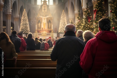 An AI illustration of people standing and praying in a church next to a christmas tree