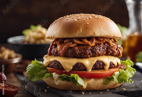 a Cajun Burger, The juicy beef patty, seasoned with Cajun spices, offers a bold and flavorful kick. It is topped with melted pepper jack cheese, crispy fried onions, fresh lettuce