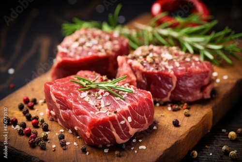 Raw beef fillet steaks with spices on wooden background