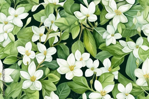 Seamless pattern of white jasmine flowers and green leaves. Watercolor painting