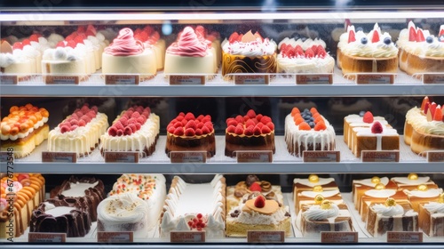 Assorted cakes in a shop window for sale