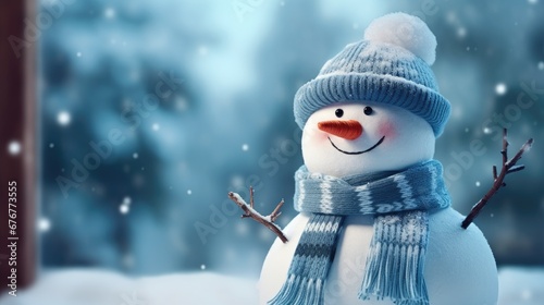 Cute snowman with scarf and hat outside the window. Winter holiday christmas greeting card concept