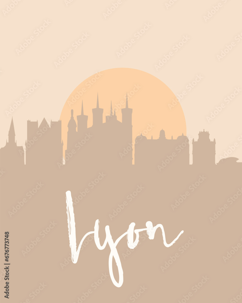 City poster of Lyon with building silhouettes at sunset