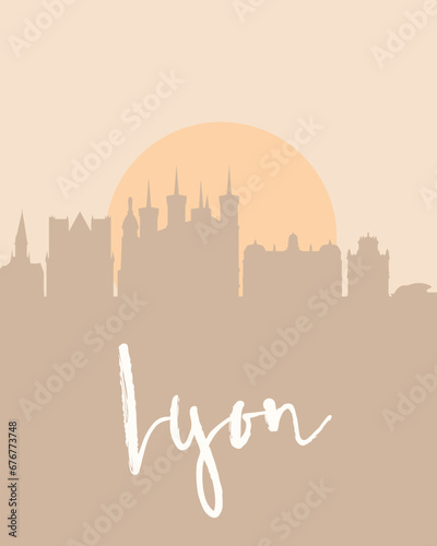 City poster of Lyon with building silhouettes at sunset