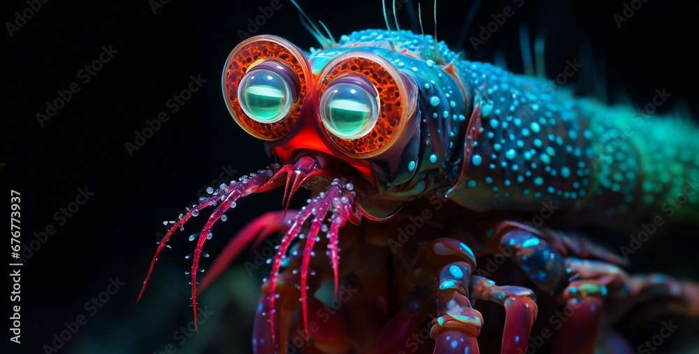 Naklejka premium blue crab spider, a mutant mantis shrimp with lasers for eyes 2D world