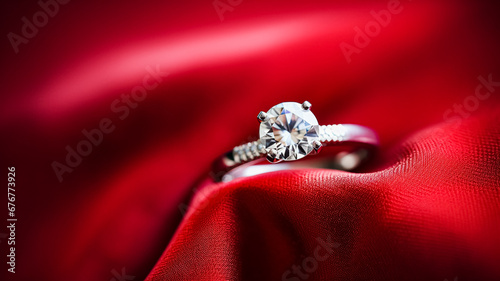 Jewellery, proposal and holiday gift, diamond engagement ring on red silk satin fabric, symbol of love, romance and commitment