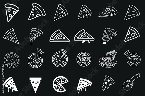 Pizza, vector illustration, icon set. Collection of pizza slices, whole pizzas in different styles. Perfect for restaurant menu, food delivery, pizza lovers