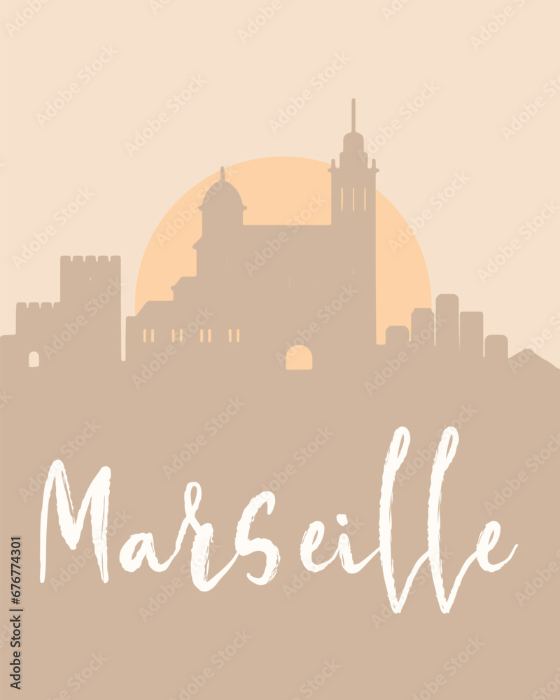 City poster of Marseille with building silhouettes at sunset